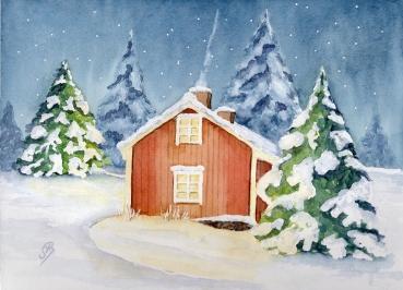 Poster DIN-A4 Aquarell Kunst Druck Kunstdruck Schweden Sweden Sverige Haus im Winter Winterhaus Schnee Wald